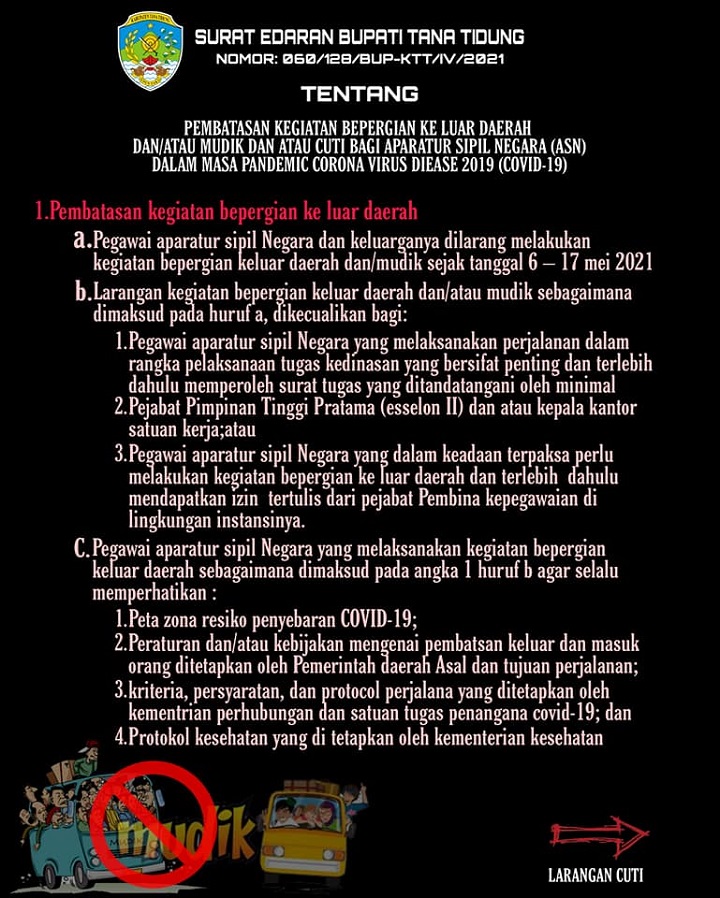 Surat Edaran Bupati Tana Tidung Pembatasan Kegiatan Bepergian Keluar Daerah atau Mudik
