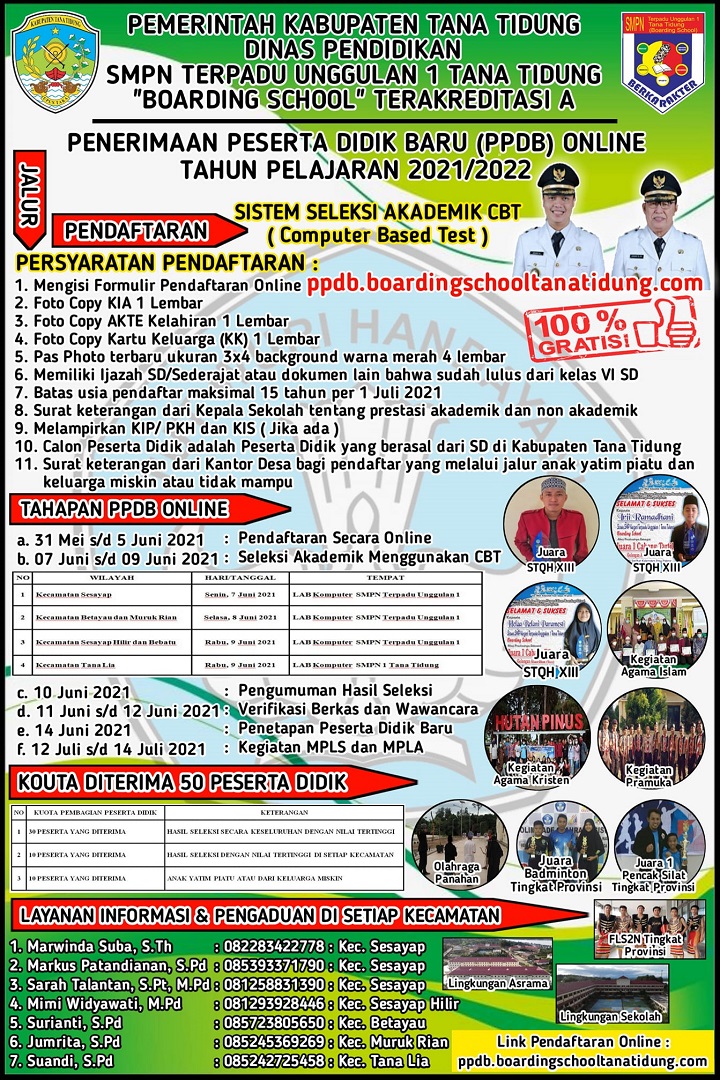 Pembukaan Pendaftaran Peserta Didik Baru Online Tahun Ajaran 2021/2022 SMPN TERPADU UNGGULAN