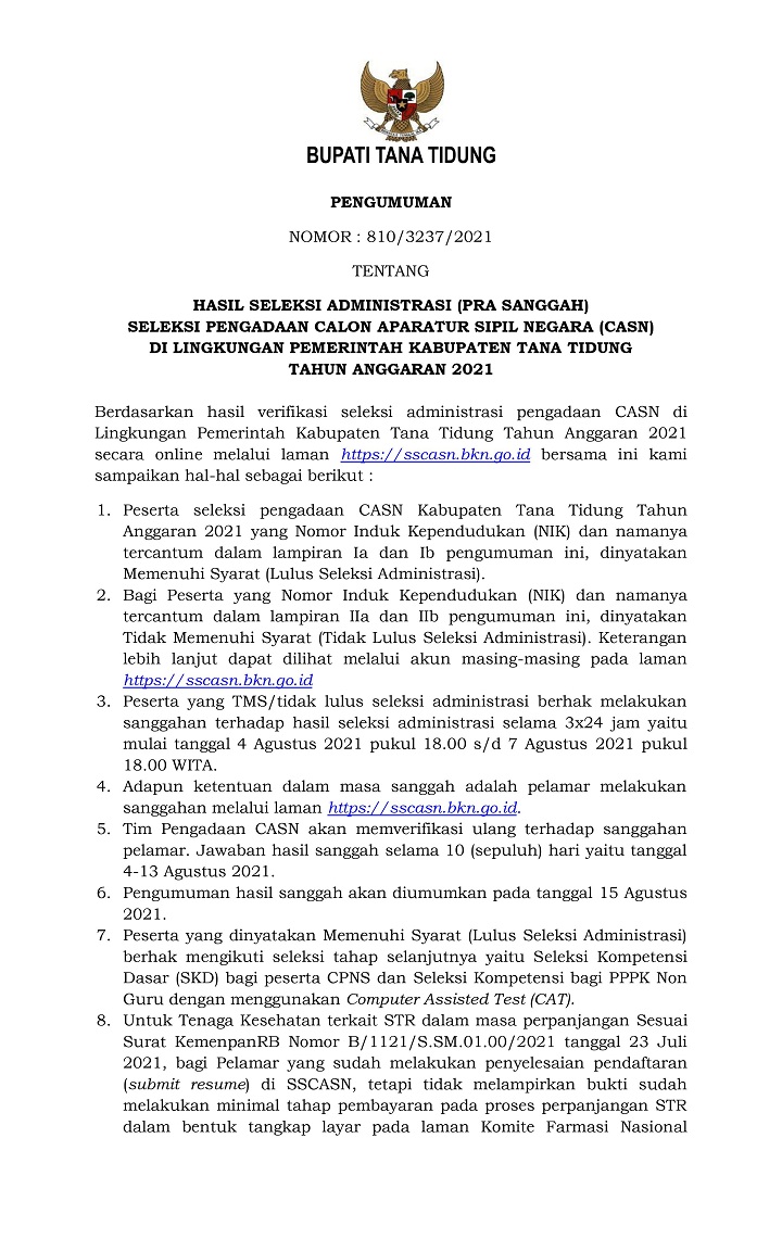 PENGUMUMAN HASIL ADMINISTRASI DAN LAMPIRAN CASN 2021