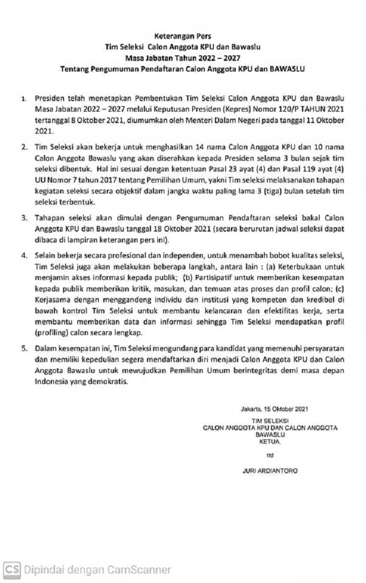 Pengumuman Pendaftaran Calon Anggota KPU dan BAWASLU