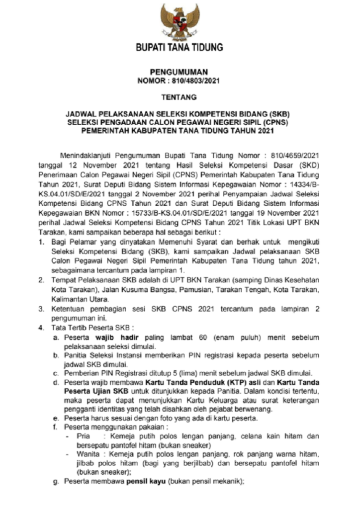 JADWAL PELAKSANAAN SELEKSI KOMPETENSI BIDANG (SKB) SELEKSI PENGADAAN CALON PEGAWAI NEGERI SIPIL (CPNS) PEMERINTAH KABUPATEN TANA TIDUNG TAHUN 2021