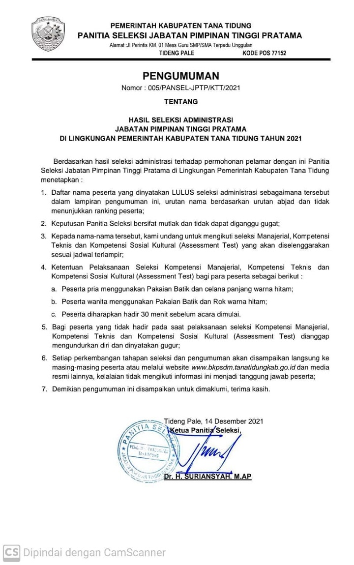 Hasil Seleksi Administrasi Jabatan Pimpinan Tinggi Pratama Di Lingkungan Pemerintah Kab. Tana Tidung