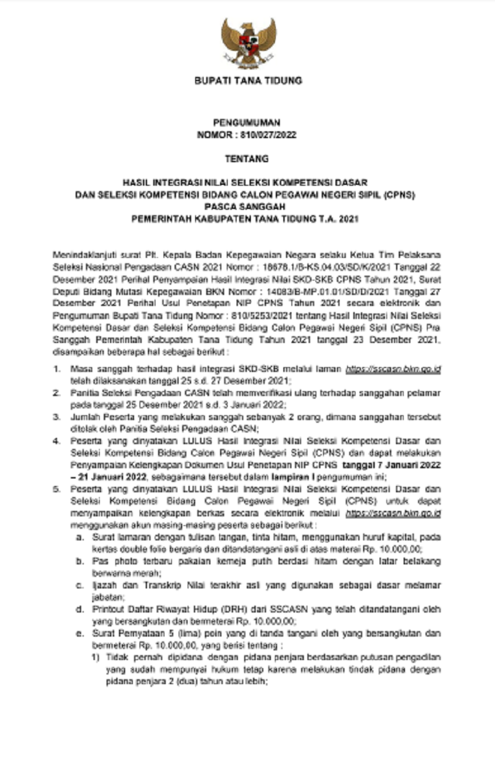 Hasil Integrasi Nilai Seleksi Kompetensi Dasar dan Seleksi Kompetensi Bidang Calon Pegawai Negeri Sipil (CPNS) Pasca Sanggah