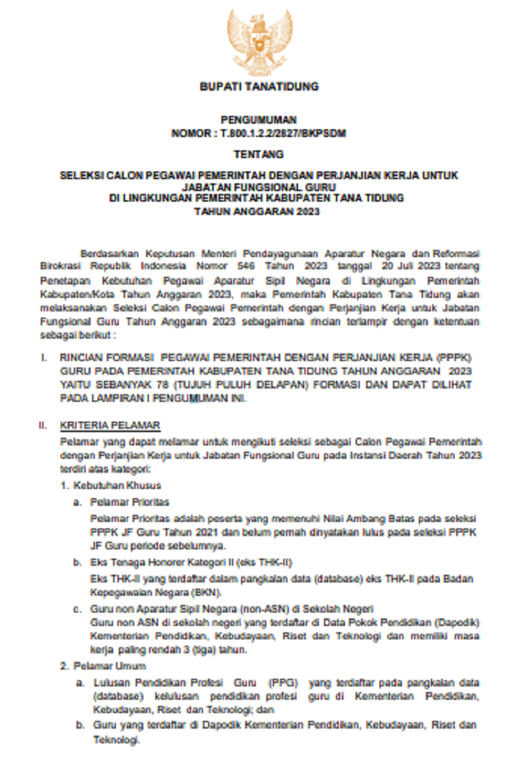 PENGUMUMAN PPPK NAKES DAN GURU 2023 KABUPATEN TANA TIDUNG