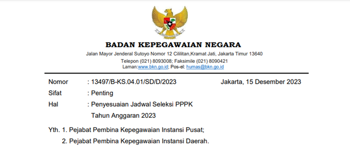 Surat Deputi Penyesuaian Kembali Jadwal Seleksi NI PPPK TA 2023